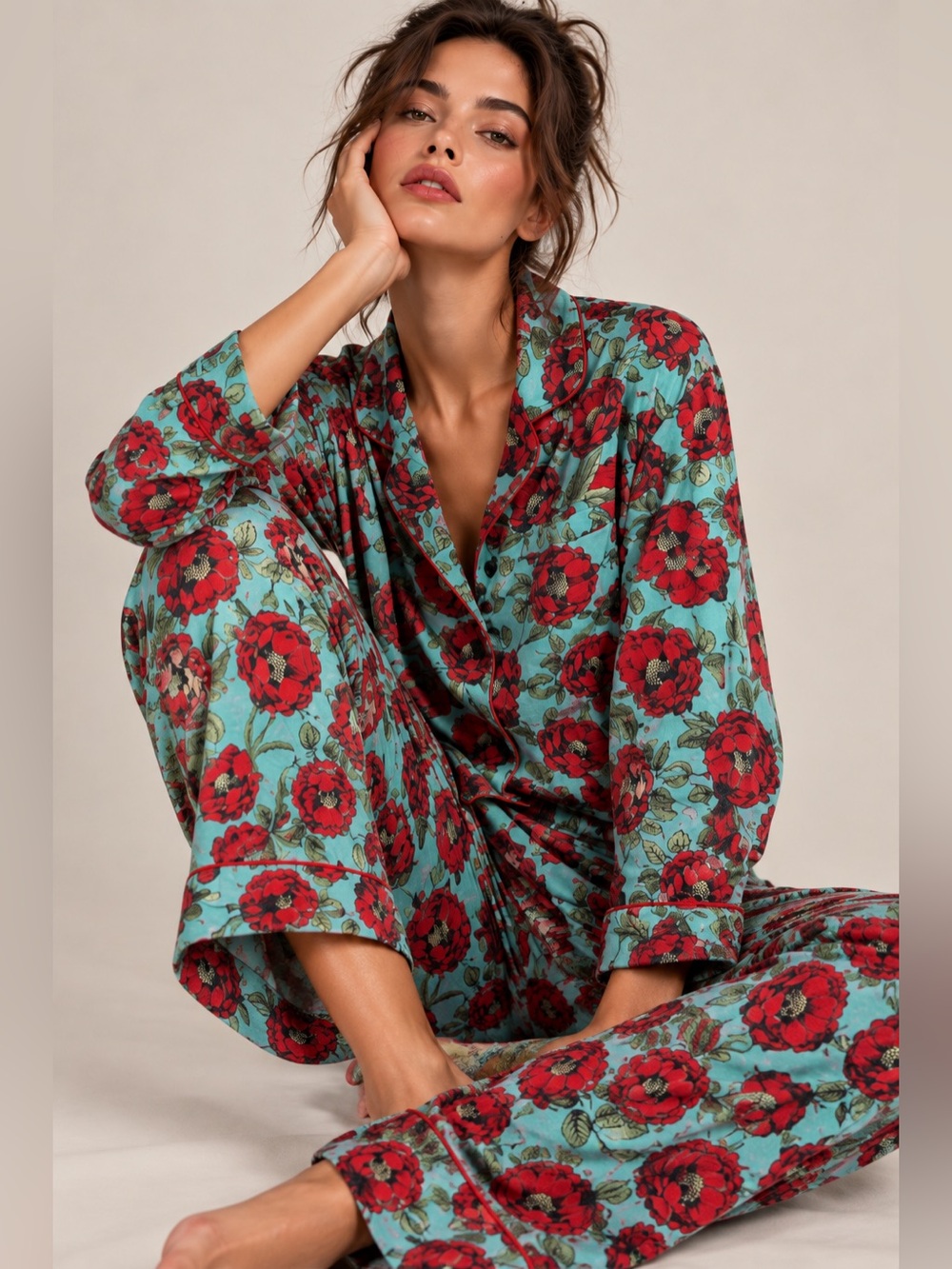 Alice + Olivia x Posh Peanut M Floral Poppy Bamboo Pajama Set Luxe Loungewear